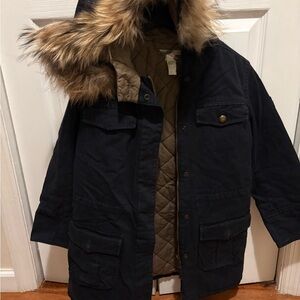 Bonpoint Black and Brown Kids Jacket with Faux Fur Hood